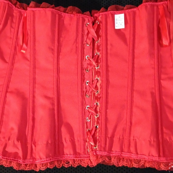 Lace Ruffled Very Red Satin Corset With Bows, Lace Up Back & Side Zipper (M) - Picture 12 of 16